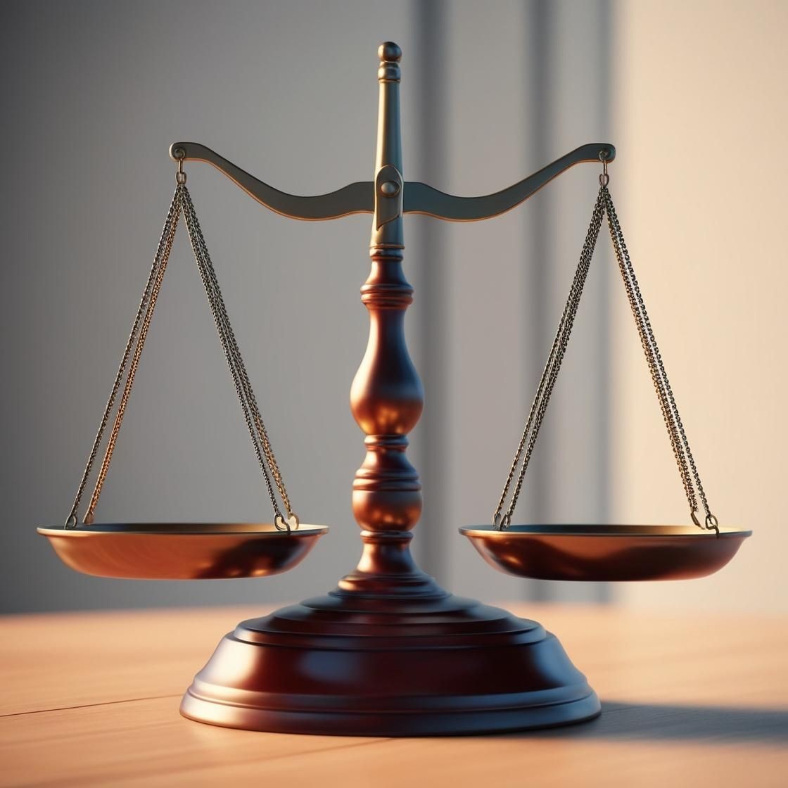 Close-up of a wooden balance scale on a sunlit surface, symbolizing justice.