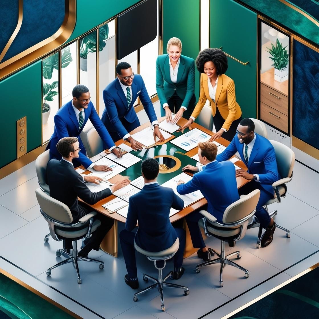 Diverse group of business professionals in formal attire collaborating at a modern office conference table.